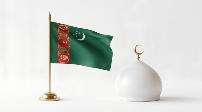 Turkmenistan flag on golden desk pole next to white mosque dome 3D render representing Central Asian Islamic culture and national identity