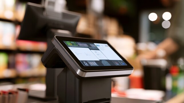 Modern touchscreen point of sale terminal with interface displayed  positioned on a counter in a retail environment