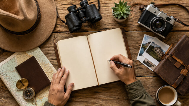 Traveler writing in a blank notebook with vintage camera, map, and binoculars on wood table