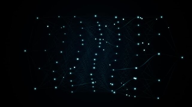 Abstract futuristic AI neural network glowing nodes and connecting lines on dark background animation.