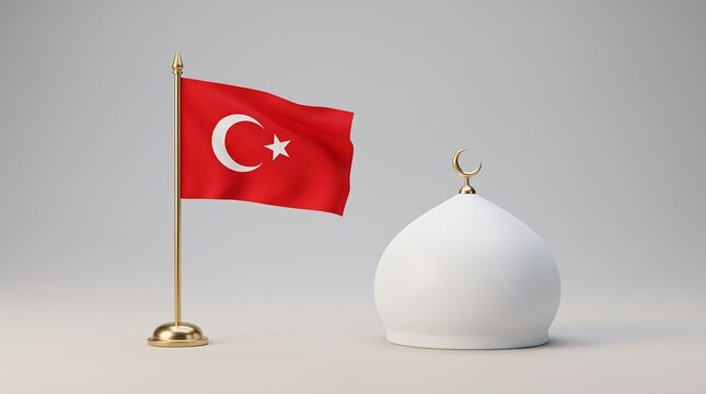 Turkey flag on golden desk pole next to white mosque dome 3D render representing Eurasian Islamic culture and national identity
