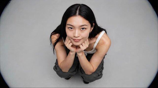 Young woman looks up at camera from a circular backdrop