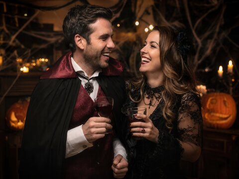 Lachendes Paar in Vampir- und Gothic-Kost&uuml;men bei einer Halloween-Party. Beide halten Getr&auml;nke vor K&uuml;rbissen, Kerzen und Spinnweben in gem&uuml;tlicher, festlicher Atmosph&auml;re.