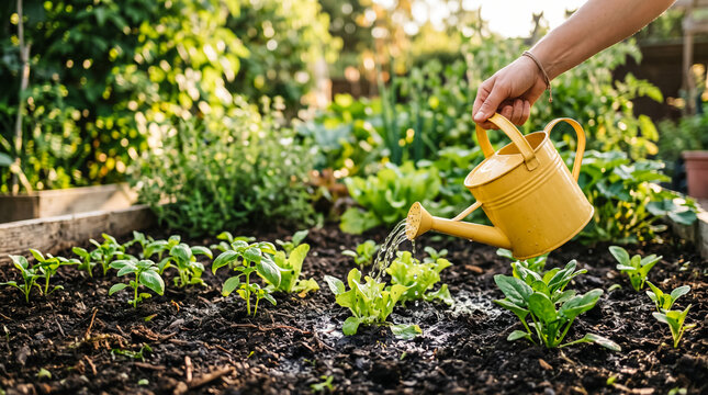 Person watering young vegetable seedlings in a home garden with a yellow watering can