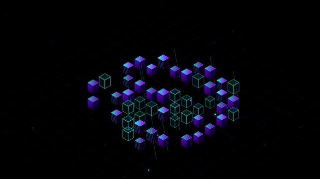Abstract futuristic neon 3D cubes undulating on isometric grid dark background animation.
