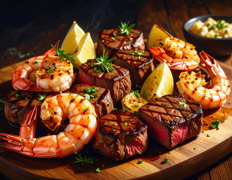 Grilled Steak and shrimp platter, wooden tray, closeup. AI