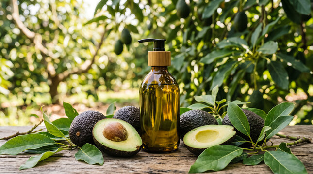 Avocado oil bottle with fresh fruit on wooden table in orchard background