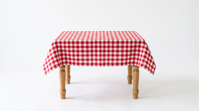 Small wooden table with red and white checkered tablecloth isolated on white background