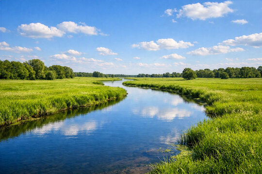 Winding river flowing through a lush green meadow under a bright blue summer sky