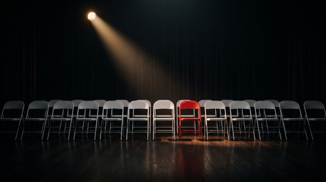 Spotlight illuminates empty theater seats in dramatic stage performance lighting setup