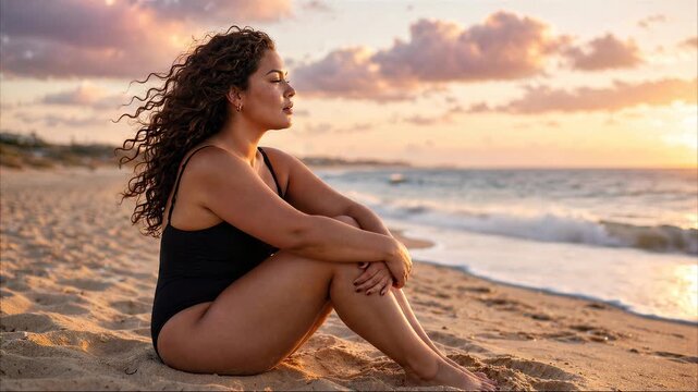 Woman relaxes on a beach while watching the sunset