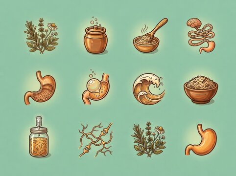 Digestive Wellness Icons for Gut Health and Herbal Care