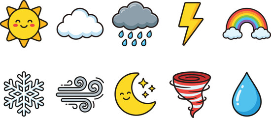 Fototapeta premium Cute colorful flat weather forecast vector icons set featuring cartoon sun cloud rain lightning rainbow snowflake wind moon tornado and water drop characters 