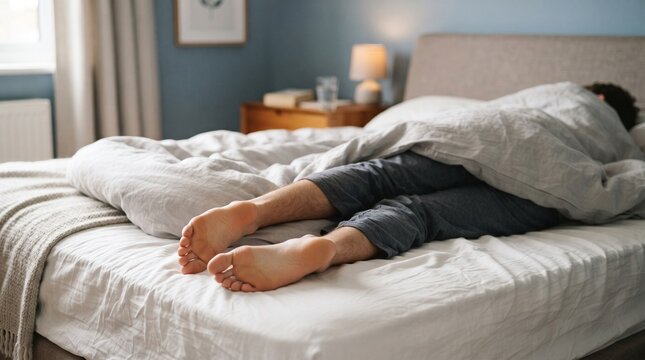Young man sleeping peacefully under a cozy blanket in his comfortable bed in a bright bedroom at home