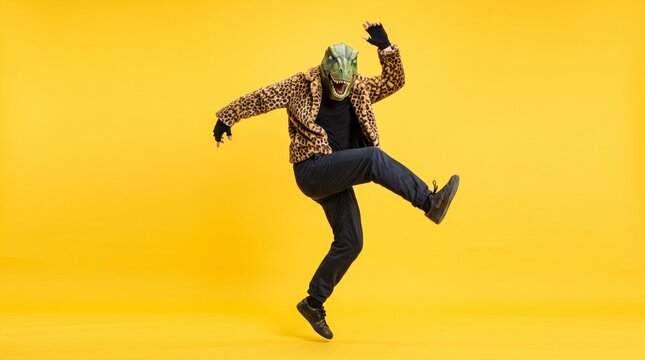 Person wearing a funny dinosaur mask and leopard print jacket dancing and jumping happily on a solid bright yellow background