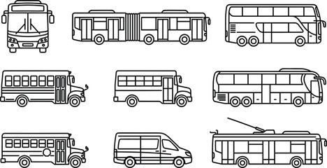Public city transit and school bus line icon set featuring double decker coach van trolleybus and shuttle vector elements © Sabbir Studio