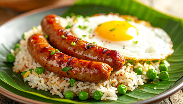 Sausage links, fried egg, fried rice with peas, Filipino style breakfast. AI