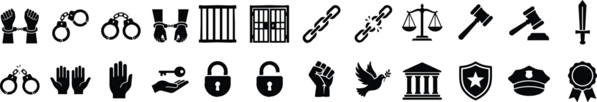 Law justice and prison black silhouette vector icons collection featuring handcuffs prison bars scales judge gavel court building and security badges
