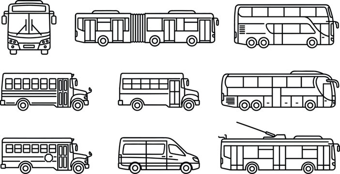 Public city transit and school bus line icon set featuring double decker coach van trolleybus and shuttle vector elements