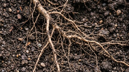 Fototapeta premium Thin tree roots growing on dark soil ground in a forest