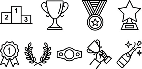 Naklejka premium Sports award trophy and championship success celebration vector icon set featuring linear medal podium star line art