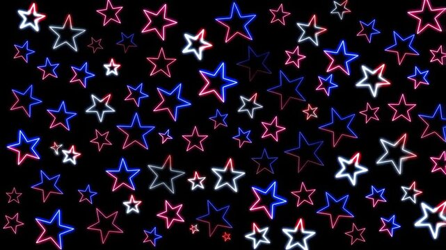 Neon Stars in Red Blue and White Twinkle and Flicker on a Black Background in a Seamless Looping Animation Ideal for Patriotic Holidays Parties and Festive Motion Graphics Backdrops