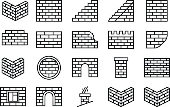 Brick wall and masonry construction vector icon set featuring linear brickwork chimney arch corner line art