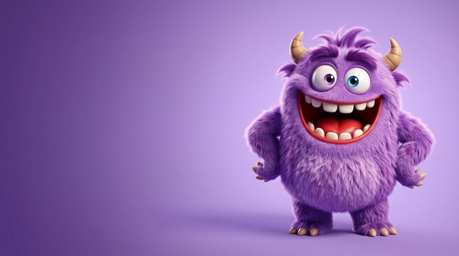 Happy cute purple furry monster character with big eyes and horns smiling on a solid color background