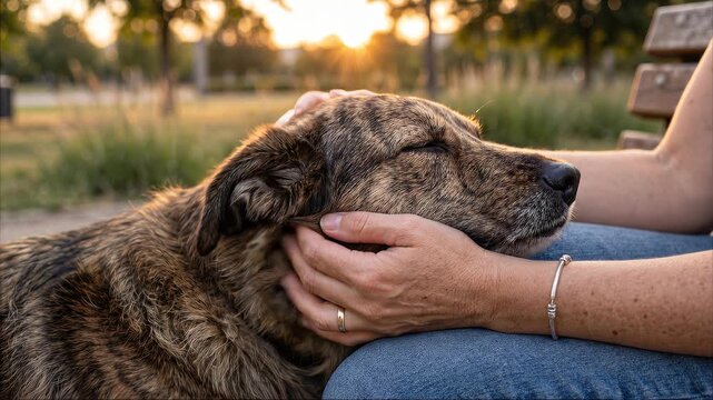 Woman gently pets a resting dog outdoors