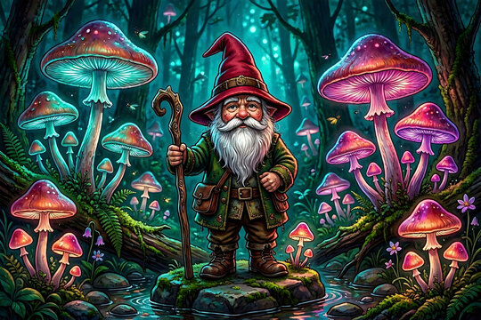 Enchanted forest gnome standing among glowing magical mushrooms and trees