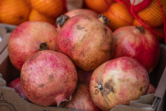 Fresh pomegranates packed inside a cardboard box at a fruit and vegetables market