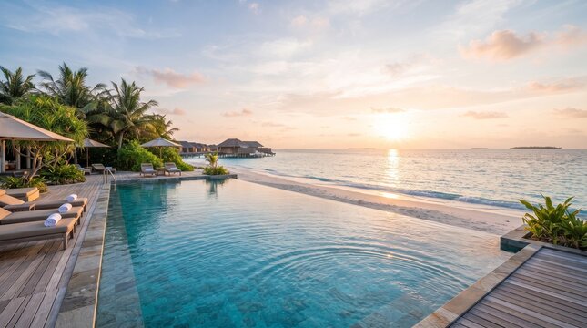 Luxury infinity swimming pool overlooking the ocean at sunset with palm trees and sun loungers on a tropical island beach resort terrace