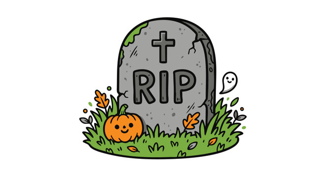 RIP Gravestone with Pumpkin and Leaves Halloween Vector Illustration