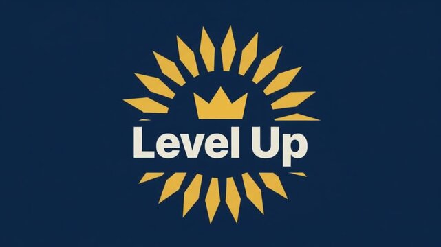 Minimalist level up motivational graphic with spinning geometric sun and crown vector animation