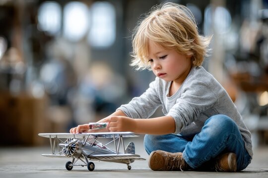 Young boy enjoys playing with a toy airplane in a workshop setting during the afternoon