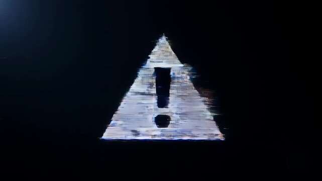 Glitching Exclamation Mark Warning Symbol Animated on Dark Screen with Digital Noise and Glitches