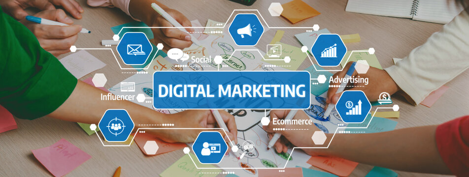 Professional startup group share creative marketing idea by using mind map. Young skilled business people brainstorm business plan while writing sticky notes. Focus on hand. Closeup. Variegated. Amity