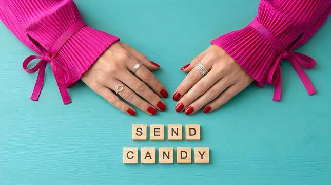 A woman with bright pink sleeves and red nail polish pointing at wooden letter tiles spelling out the word good luck