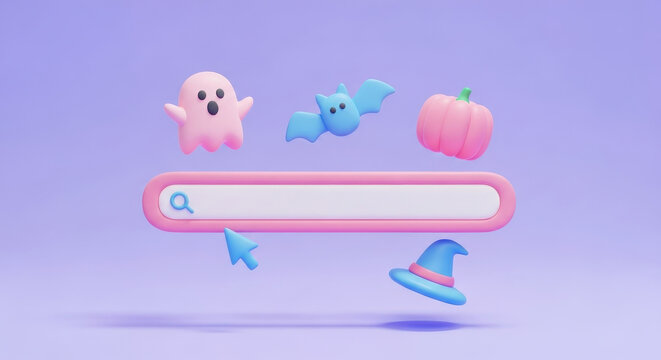 Searching online for Halloween ideas costumes and party inspiration shown as a friendly cartoon search bar with spooky floating icons