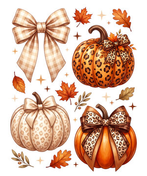 Leopard print autumn pumpkins and bow transparent t-shirt design
