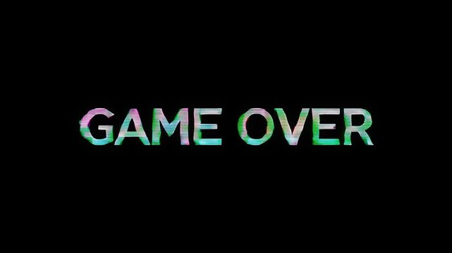 Game over Text Glitch Animation with Neon Distortion and Scan Lines on Black Background Retro Video Game Screen Effect for Gaming Content Streaming Overlays and Digital Failure Concepts