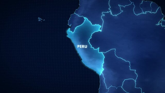 Glowing digital map of Peru, South America, featuring a luminous highlight, country outline, and typography label over a navy blue grid background, perfect for a horizontal documentary opener.
