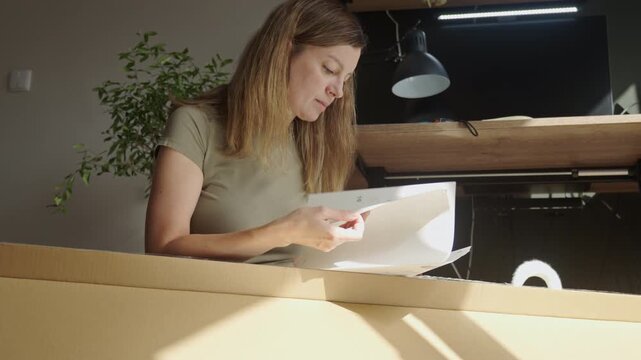 Woman reading furniture assembly instructions at home