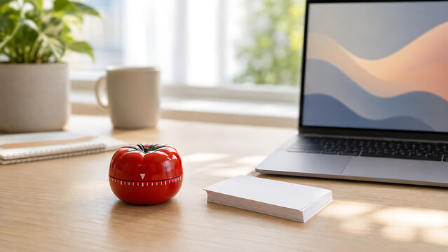 Pomodoro tomato timer beside laptop and notebook on a bright desk, representing focus, study productivity, time management, concentration, planning, and efficient work.