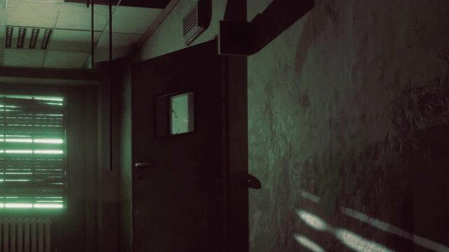 Light comes through the slats of blinds in a quiet room. A closed door stands against the wall. The space feels empty and unwelcoming.