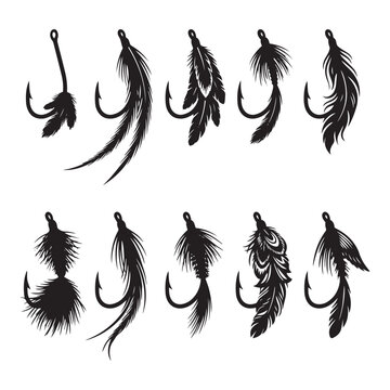 Set of black silhouette fly fishing feathered lure hooks vector