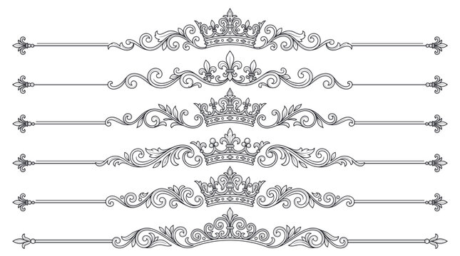 Decorative vintage royal crowns and ornate flourishes for elegant borders and dividers in classic design projects, elegant embellishments.