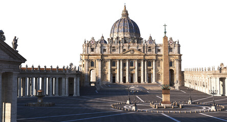 Detailed architectural render of Saint Peter Square and Basilica colonnade in Vatican, isolated on transparent background. © FraP 2D