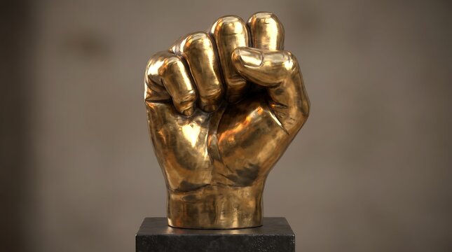 Golden clenched fist sculpture on black pedestal. Polished bronze hand statue representing power and strength. Metallic fist trophy.