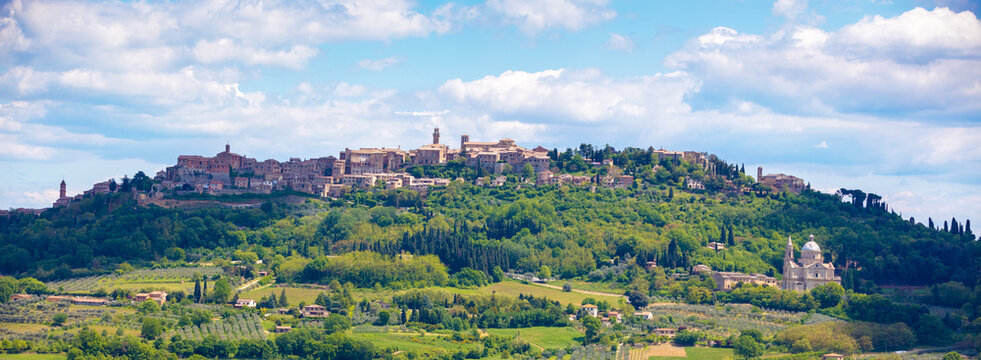 Panoramic view of the medieval hilltop town of Montepulciano in the Siena province of Tuscany, Italy